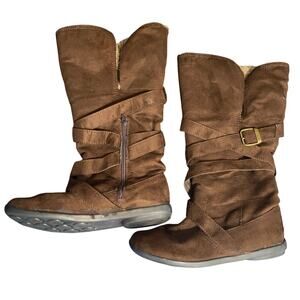 Brown Faux Suede Fur Lined Winter Boots Womens 9 9.5 Knee High Retro Rustic